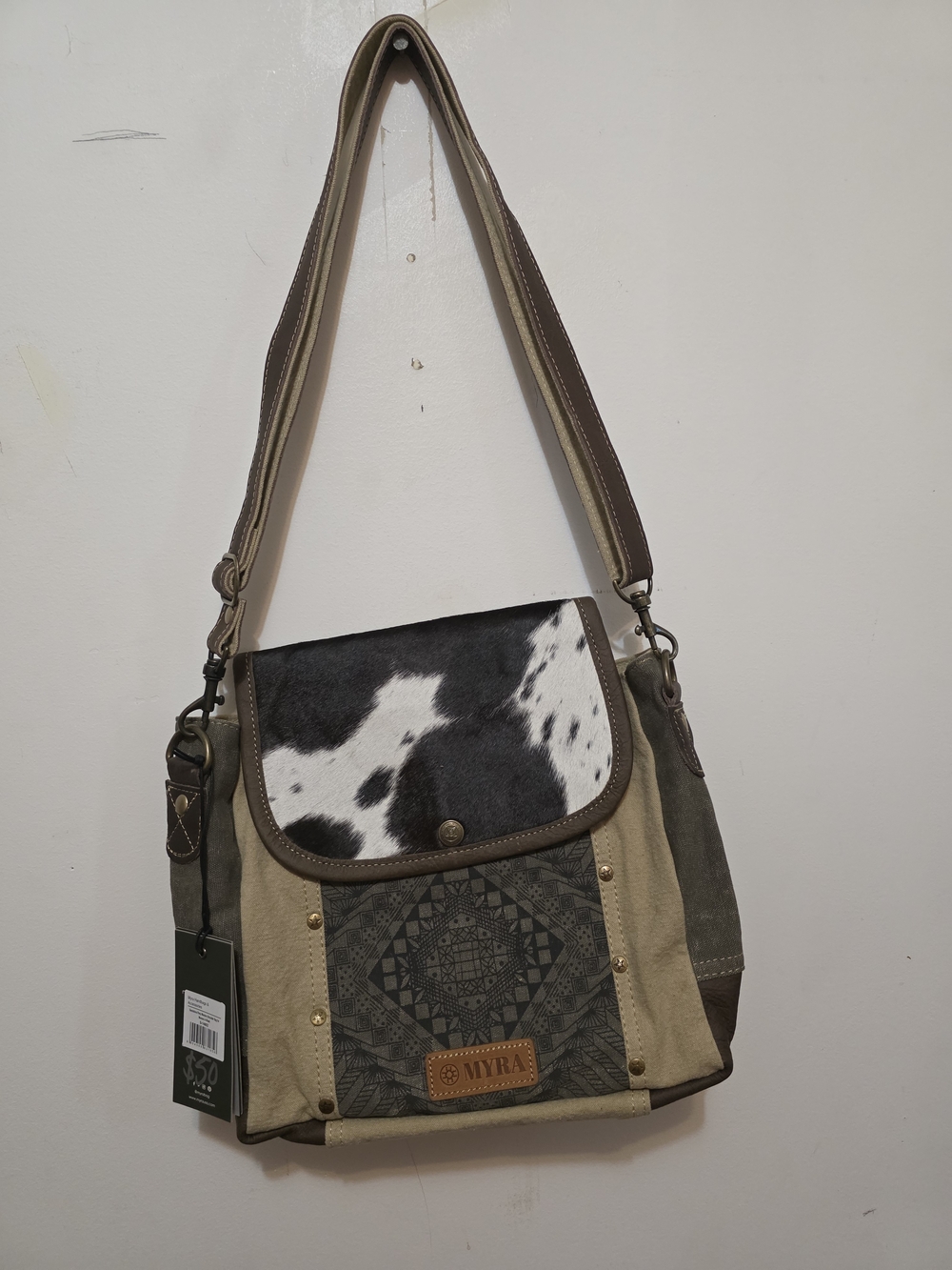 Myra Bag Black & White Cowhide Accent Canvas Messenger